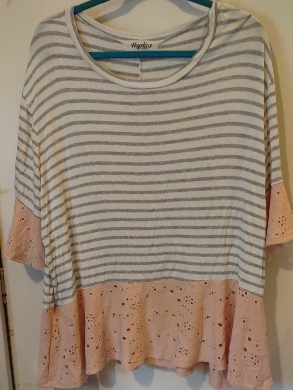 Haptics Women's Pink & Gray Striped Eyelet Hem Top